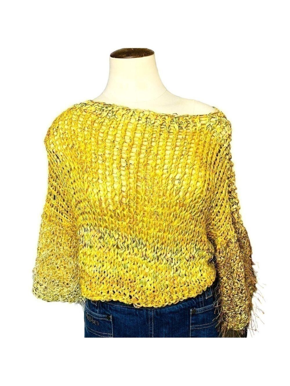 Hand Crafted Boho Yellow Fabric Knit Cropped Sweater Wide Sleeves Fuzzy Top O/S